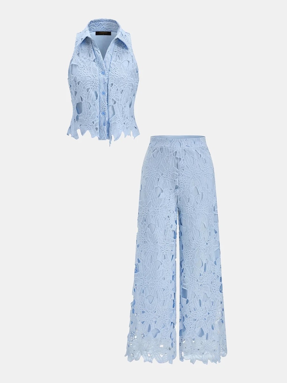 Commense Lace Sleeveless Cropped Shirt & Pants Set